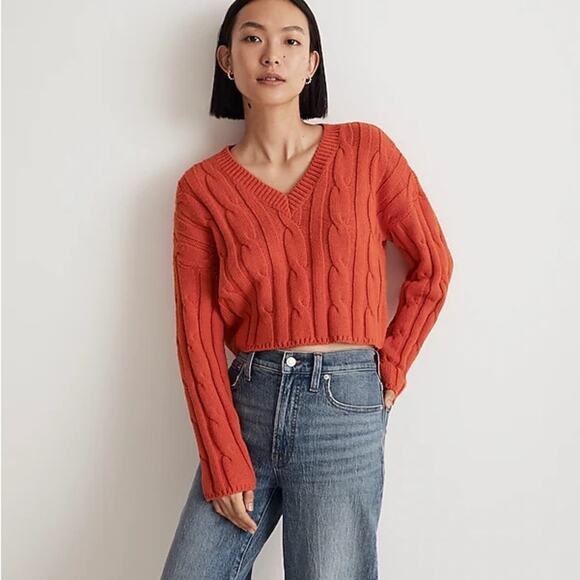 NWT Madewell Women's Cable Knit Fisherman Sweater in Roasted Squash Orange - Picture 4 of 13